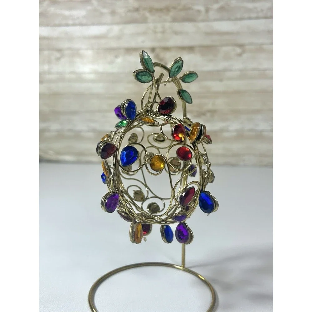 Decorative Christmas Tree Ornament Gold Tone Multi Color Bead Gems Metal Wire